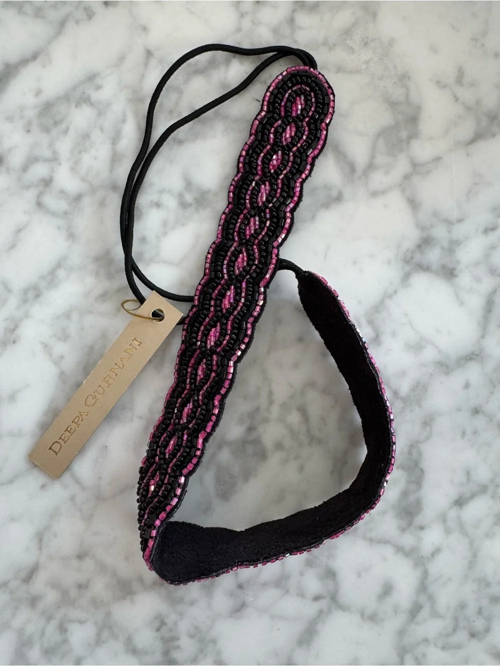 Deepa Gurnani Pink & Black Seed Bead Elastic Headband NWT